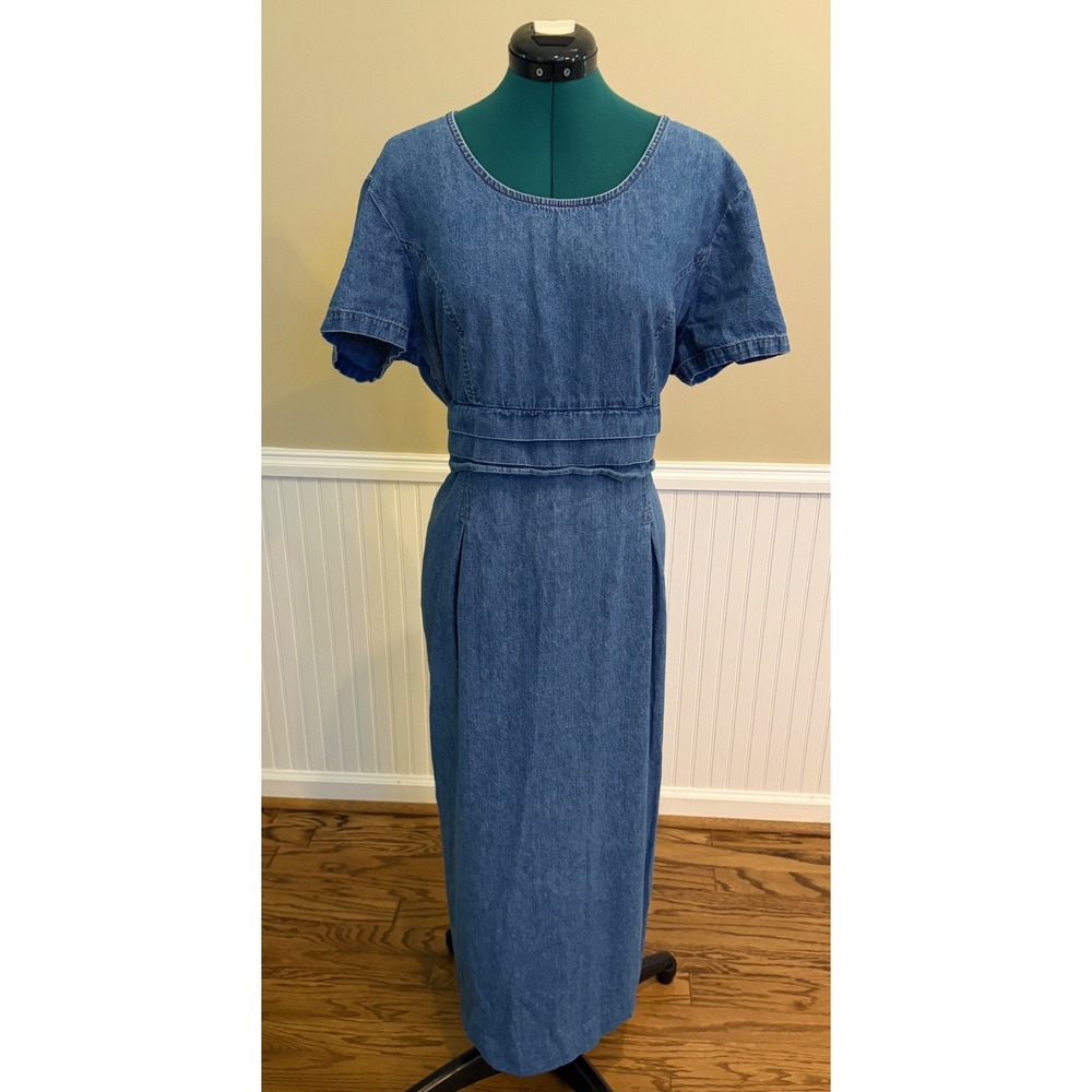 Vintage Mirrors 2‎ Womens XL Blue Denim Maxi Dress Cottagecore Short Sleeve 50in